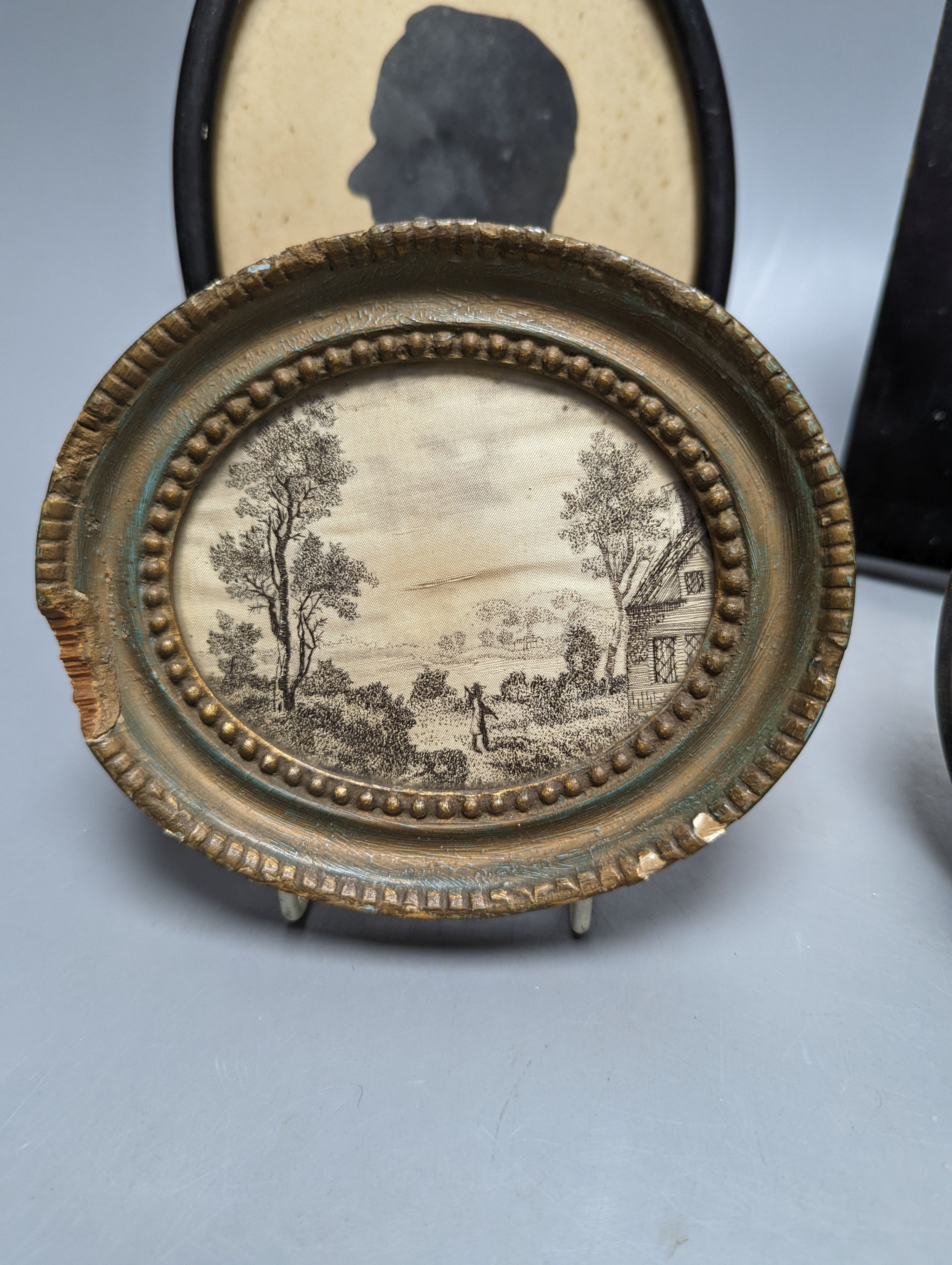 A plaster relief portrait, Samuel Pepys, frame 13cm., a Victorian portrait miniature on ivory, a silhouette portrait and a woven silk picture